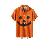 Halloween Shirts for Men Pumpkin Skull Print Shirt Costumes Short Sleeve Button Down T-Shirts Casual Horror Tops 2025 Los Mejores Disfraces De Halloween(Orange7, XL)