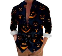 Halloween Shirts for Men Pumpkins Face Shirt Fall Jack O' Lantern Costumes Casual Long Sleeve Button Down Tshirt 2025 Trajes De Halloween para Parejas Terror(Blue, XXXXXL)