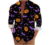 Halloween Shirts for Men Pumpkins Face Shirt Fall Jack O' Lantern Costumes Casual Long Sleeve Button Down Tshirt 2025 Los Mejores Disfraces De Halloween(Purple, XXXXXL)