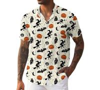 Halloween Shirts for Men Pumpkins Face Shirt Jack O Lantern Costumes Short Sleeve Button Down T-Shirts Clothing Tees Disfraces De Halloween para Hombres Terror(Khaki, XL)