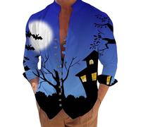 Halloween Shirts for Men Scary Dark Night Print T-Shirts Spooky Theme Costumes Shirt Long Sleeve Button Down Tops Disfraces De Halloween para Hombres Terror(Blue, XXXXXL)