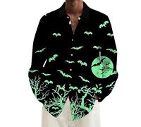 Halloween Shirts for Men Scary Moon Bats Print Shirt Long Sleeve Costumes Hawaiian T-Shirts Casual Button Down Tops Traje De Halloween(Green, XXXXXXL)