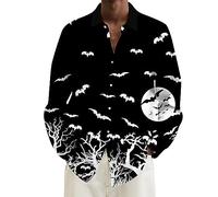 Halloween Shirts for Men Scary Moon Bats Print Shirt Long Sleeve Costumes Hawaiian T-Shirts Casual Button Down Tops Disfraces para Halloween Hombres(White, XS)