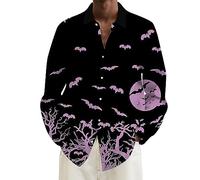 Halloween Shirts for Men Scary Moon Bats Print Shirt Long Sleeve Costumes Hawaiian T-Shirts Casual Button Down Tops Disfraces De Halloween para Hombres Terror(Pink, M)