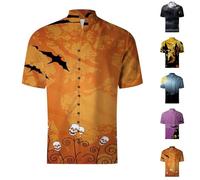 Halloween Shirts for Men Short Sleeve Button Down T-Shirt Linen Stand Collar Costumes Shirt Spooky Theme Party Tops Trajes De Halloween Hombres De Terror(Black, XL)