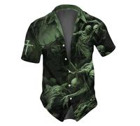 Halloween Shirts for Men Skull Skeleton Cross Print Shirt Horror Short Sleeve T-Shirt Costumes Casual Button Down Top Trajes De Halloween para Parejas Terror(Green, S)