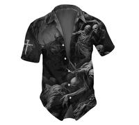 Halloween Shirts for Men Skull Skeleton Cross Print Shirt Horror Short Sleeve T-Shirt Costumes Casual Button Down Top Disfraces para Halloween Hombre(Black, XXL)