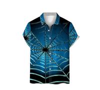 Halloween Shirts for Men Spider Web Print Costumes Shirt Spooky Theme Letter T-Shirts Short Sleeve Button Down Tops Trajes De Halloween para Hombres De Terror(Blue, XXXXL)