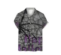 Halloween Shirts for Men Spider Web Print Costumes Shirt Spooky Theme Letter T-Shirts Short Sleeve Button Down Tops Los Mejores Disfraces De Halloween(Grey, XXXXL)
