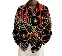 Halloween Shirts for Men Spider Web Print Shirt Long Sleeve Scary Costumes Hawaiian T-Shirts Casual Button Down Tops Traje para Halloween para Hombre(Red, M)