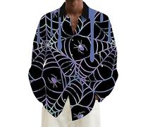Halloween Shirts for Men Spider Web Print Shirt Long Sleeve Scary Costumes Hawaiian T-Shirts Casual Button Down Tops Disfraces para Hombres Halloween(Blue, XXXXL)