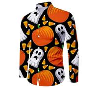 Halloween Shirts for Men Spooky Theme Ghost Print Costumes Long Sleeve Button Down Shirt Tops Pumpkin Bats T-Shirts Traje De Scary Movie para Hombre(Orange, M)