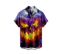 Halloween Shirts for Men Spooky Theme Pumpkins Ghost T-Shirts Jack O' Lantern Costumes Short Sleeve Button Down Shirt Trajes De Halloween para Parejas Terror(Purple, XXXXL)