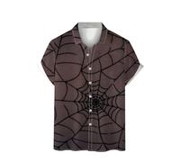 Halloween Shirts for Men Spooky Theme T-Shirts Spider Web Bats Costumes Letter Print Shirt Short Sleeve Button Tops Disfraces De Halloween para Hombres Terror(Brown, XL)