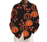 Halloween Shirts for Men Ugly Pumpkins Print Shirt 2025 Long Sleeve Scary Costumes Hawaiian T-Shirts Button Down Tops Trajes De Halloween para Parejas Terror(Orange, XXL)
