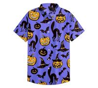 Halloween Shirts for Men UK Ugly Pumpkin Bat Print Hawaiian Shirts Casual Short Sleeved Funky Flower Summer Beach Holiday Tops Horror Clothes Comfy Halloween Costume Adult (Dark Purple, XL)