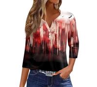 Halloween Shirts for Women Chost Pumkin Blood Print Spooky Season Tee 3/4 Length Sleeve Spooky Tee Blood Splatte Horror Clothes Halloween Street Outdoor (Watermelon Red, L)