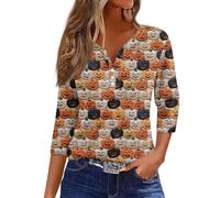Halloween Shirts for Women Chost Pumkin Print Spooky Season Tee 3/4 Length Sleeve Loose Fit Top Playful Colorful Family Party Outfit Clothes Halloween Friend Gatherings Tops (Black, S)