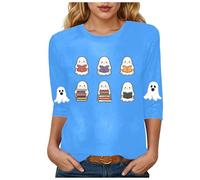 Halloween Shirts for Women Cute Graphic Blouse 3/4 Sleeve Round Neck Spook Pumpkin Print T Shirts Tunic Loose Comfy Casual Tshirts Trendy Festival Everyday Wear Tops Blouses (14-Blue, S)