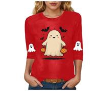 Halloween Shirts for Women Cute Graphic Blouse 3/4 Sleeve Round Neck Spook Pumpkin Print T Shirts Tunic Loose Comfy Casual Tshirts Trendy Festival Everyday Wear Tops Blouses (11-Red, XL)
