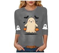 Halloween Shirts for Women Cute Graphic Blouse 3/4 Sleeve Round Neck Spook Pumpkin Print T Shirts Tunic Loose Comfy Casual Tshirts Trendy Festival Everyday Wear Tops Blouses (11-Grey, M)