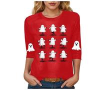 Halloween Shirts for Women Cute Graphic Blouse 3/4 Sleeve Round Neck Spook Pumpkin Print T Shirts Tunic Loose Comfy Casual Tshirts Trendy Festival Everyday Wear Tops Blouses (12-Red, M)
