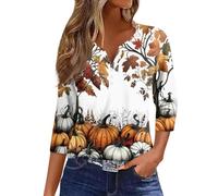 Halloween Shirts for Women Fall Pumpkin Ghost Print T-Shirts 3/4 Sleeve Loose Fit Top Witchy Festival Family Party Celebration Basic Blouse Halloween Friend Gatherings Tops (White, XL)