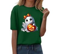 Halloween Shirts for Women Fall Pumpkin Ghost Print T-Shirts Short Sleeve Casual Top Comfort Lightweight Basic Blouse Halloween Thanksgiving Gift Tops (Green, L)