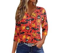Halloween Shirts for Women Fall Pumpkin Print Buttons Neck T-Shirts 3/4 Length Sleeve Trendy Top Witchy Festival Family Party Celebration Basic Blouse for Halloween Costume Parties (Orange, XL)