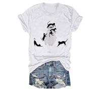 Halloween Shirts for Women Funny Ghost Printed Spooky Season Shirts Short Sleeve Loose Fit Top Witchy Festival Family Party Celebration Basic Blouse Halloween Gatherings Tops (White, M)