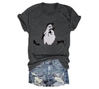 Halloween Shirts for Women Funny Ghost Printed Spooky Season Shirts Short Sleeve Loose Fit Top Witchy Festival Family Party Celebration Basic Blouse Halloween Gatherings Tops (Grey, XXL)