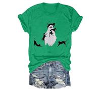 Halloween Shirts for Women Funny Ghost Printed Spooky Season Shirts Short Sleeve Loose Fit Top Witchy Festival Family Party Celebration Basic Blouse Halloween Gatherings Tops (Green, XXL)