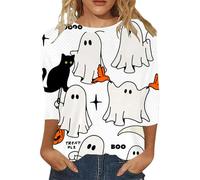 Halloween Shirts for Women Funny Pumpkin Printed Fall Shirts 3/4 Length Sleeve Loose Fit Trendy Top Comfort Festival Thanksgiving Blouse for Halloween Costume Parties (White, XXXL)