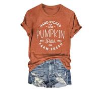 Halloween Shirts for Women Funny Pumpkin Printed Fall Shirts Short Sleeve Loose Fit Trendy Top Scary Festival Celebration Blouse Halloween Thanksgiving Gift Tops (Yellow, L)