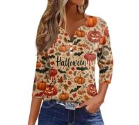 Halloween Shirts for Women Ghost Doodles Buttons Neck Spooky Season Shirt 3/4 Sleeve Top Witchy Festival Family Party Celebration Basic Blouse Halloween Friend Gatherings Tops (Khaki, XL)