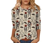 Halloween Shirts for Women Ghost Doodles Crew Neck Spooky Season Shirt Casual 3/4 Length Sleeve Top Family Party Celebration Basic Blouse for Halloween Costume Parties (Beige, L)