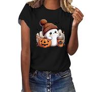 Halloween Shirts for Women Ghost Doodles Crew Neck Spooky Season Shirt Short Sleeve Casual Top Comfort Festival Blouse Halloween Thanksgiving Gift Tops (Black, XXL)