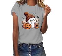 Halloween Shirts for Women Ghost Doodles Crew Neck Spooky Season Shirt Short Sleeve Casual Top Comfort Festival Blouse Halloween Thanksgiving Gift Tops (Grey, XL)