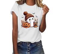 Halloween Shirts for Women Ghost Doodles Crew Neck Spooky Season Shirt Short Sleeve Casual Top Comfort Festival Blouse Halloween Thanksgiving Gift Tops (White, L)
