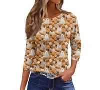 Halloween Shirts for Women Plus Size Chost Pumkin Print Spooky Season Tee Casual 3/4 Length Sleeve Top Family Party Celebration Basic Blouse Halloween Friend Gatherings Tops (Yellow, XXXL)