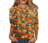 Halloween Shirts for Women Plus Size Fall Pumpkin Ghost Print T-Shirts 3/4 Length Sleeve Spooky Tee Happy Festival Family Party Celebration for Halloween Costume Parties (Green, XXL)