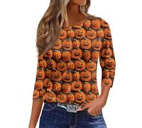 Halloween Shirts for Women Plus Size Fall Pumpkin Ghost Print T-Shirts 3/4 Sleeve Loose Fit Top Happy Festival Family Party Celebration Halloween Themed Parties Costume (Gold, M)