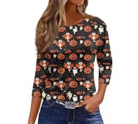Halloween Shirts for Women Plus Size Fall Pumpkin Ghost Print T-Shirts 3/4 Sleeve Loose Fit Top Happy Festival Family Party Celebration Halloween Themed Parties Costume (Orange, XL)