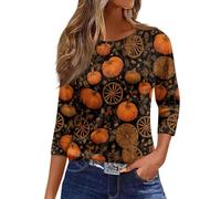 Halloween Shirts for Women Plus Size Fall Pumpkin Ghost Print T-Shirts 3/4 Sleeve Loose Fit Top Happy Festival Family Party Celebration Halloween Themed Parties Costume (Brick Red, XL)