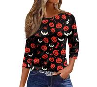 Halloween Shirts for Women Plus Size Fall Pumpkin Ghost Print T-Shirts 3/4 Sleeve Loose Fit Top Happy Festival Family Party Celebration Halloween Themed Parties Costume (Watermelon Red, M)