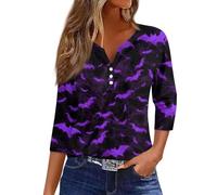 Halloween Shirts for Women Plus Size Fall Pumpkin Print Crew Neck T-Shirts 3/4 Length Sleeve Trendy Top Scary Festival Thanksgiving Celebration Blouse Halloween Street Travel (Purple, XXXL)