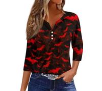 Halloween Shirts for Women Plus Size Fall Pumpkin Print Crew Neck T-Shirts 3/4 Length Sleeve Trendy Top Scary Festival Thanksgiving Celebration Blouse Halloween Street Travel (Red, M)