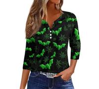 Halloween Shirts for Women Plus Size Fall Pumpkin Print Crew Neck T-Shirts 3/4 Length Sleeve Trendy Top Scary Festival Thanksgiving Celebration Blouse Halloween Street Travel (Green, L)