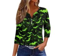 Halloween Shirts for Women Plus Size Fall Pumpkin Print Crew Neck T-Shirts 3/4 Length Sleeve Trendy Top Scary Festival Thanksgiving Celebration Blouse Halloween Street Travel (Light Green, XXL)