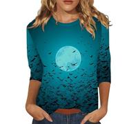 Halloween Shirts for Women Plus Size Funny Pumpkin Printed Spooky Season Shirts 3/4 Length Sleeve Spooky Fashion Tee Retro Style Outfit Clothes Halloween Fashion Gift Top (Light Green, L)